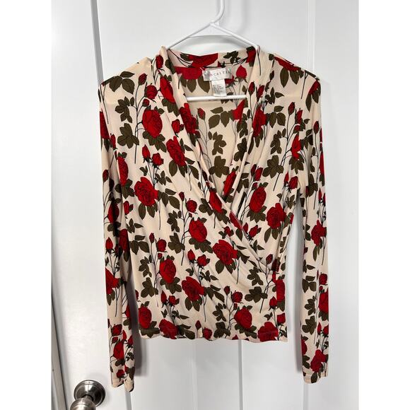 Doncaster Womens Floral-Print V-Neck Faux Wrap Blouse Top Romanticvibe Red Cream - Picture 1 of 8